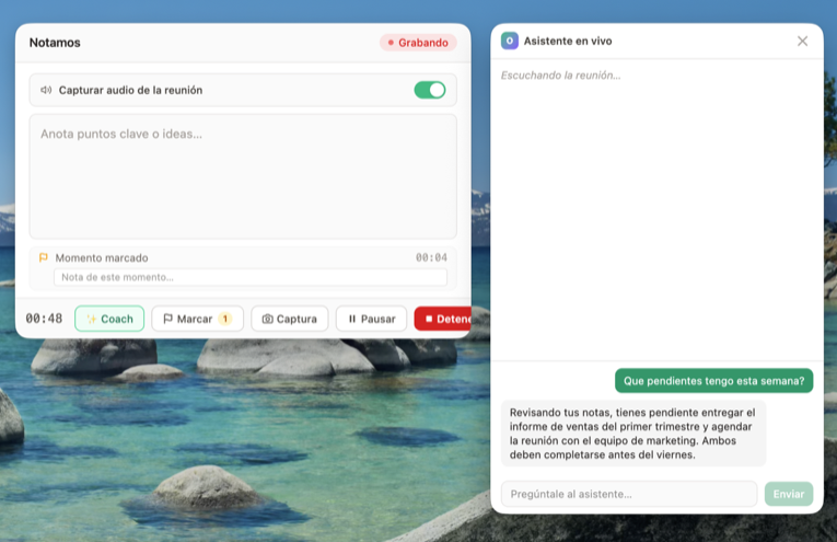 Notamos Capture grabando una reunión en macOS, con el asistente en vivo.